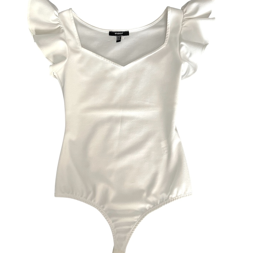 White Ruffled Bodysuit with Sweetheart Neckline